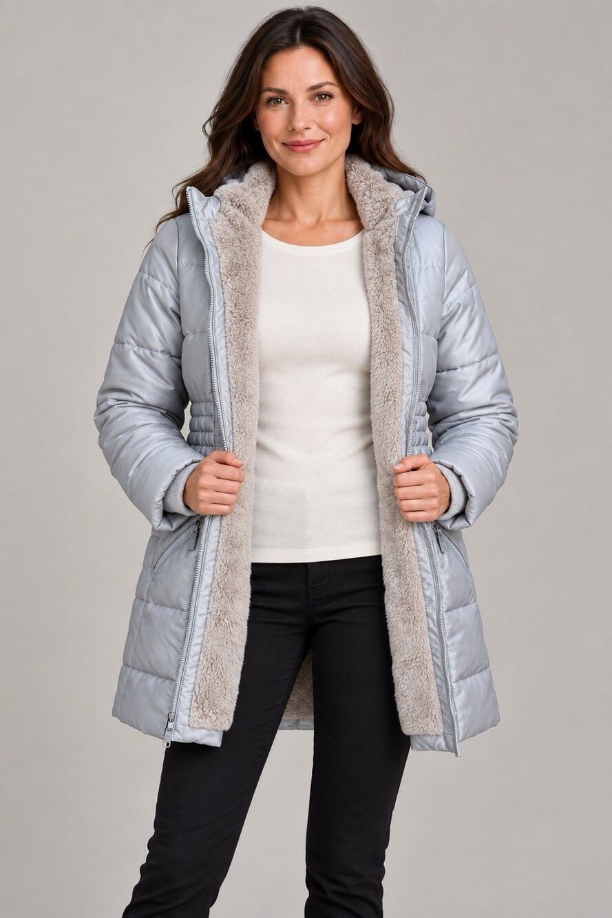 Lands' End Shimmer Parka Coat Silver Faux Fur Lined PrimaLoft Sz M 10-12 Winter